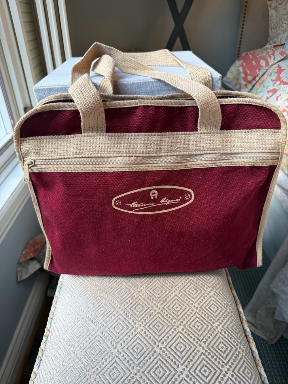 Eitenne Aigner Burgundy  Canvas Tote with Tan Trim - Signature Logo
